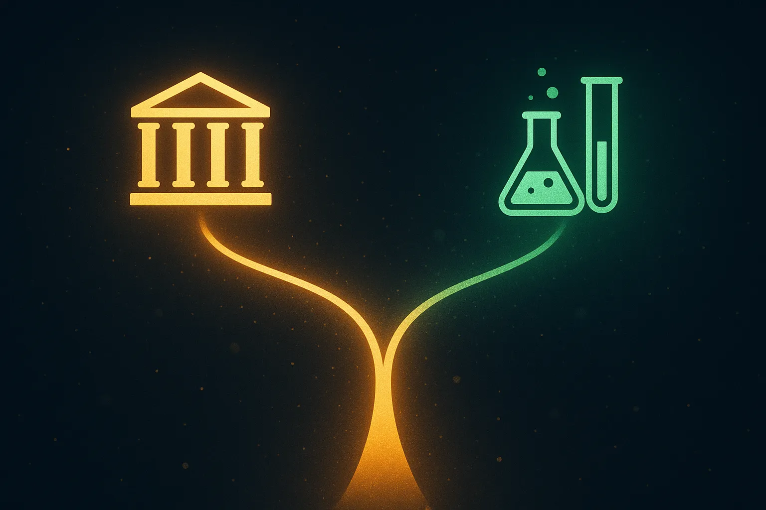 Two diverging glowing gold paths on a dark navy background, one path leading to a classical federal building silhouette, the other to emerald laboratory glassware, representing branded Medicare coverage versus the research-grade peptide channel