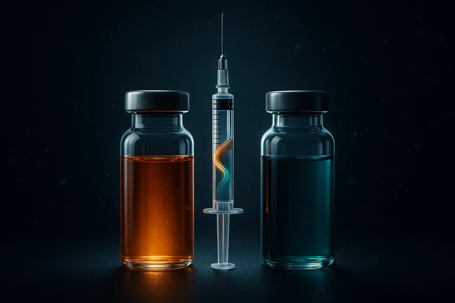 Two peptide vials and a single insulin syringe holding an unblended swirl of amber and teal solution