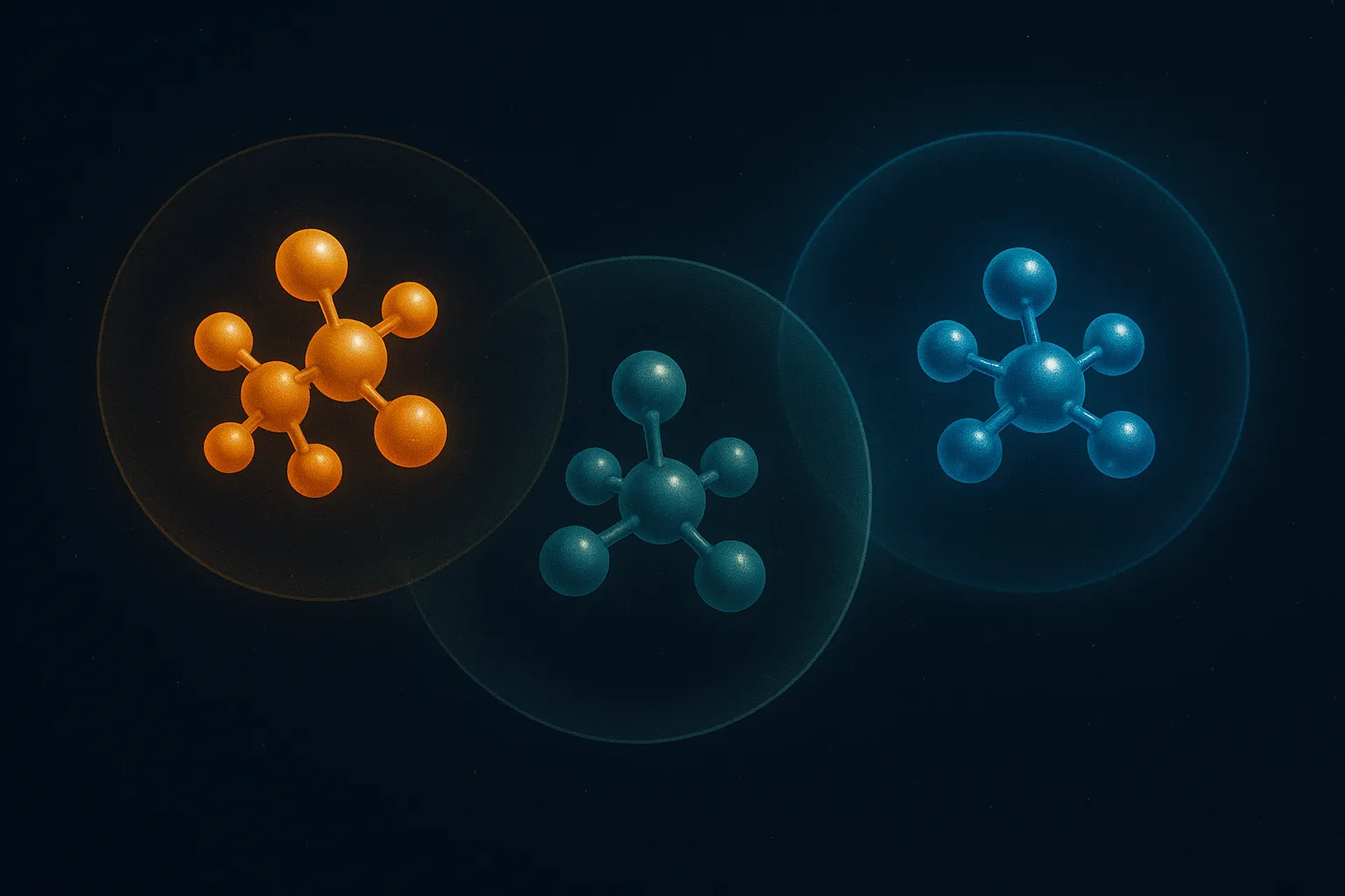 Three molecular clusters in separate pH fields, two overlapping cleanly and a copper-blue one repelling the others
