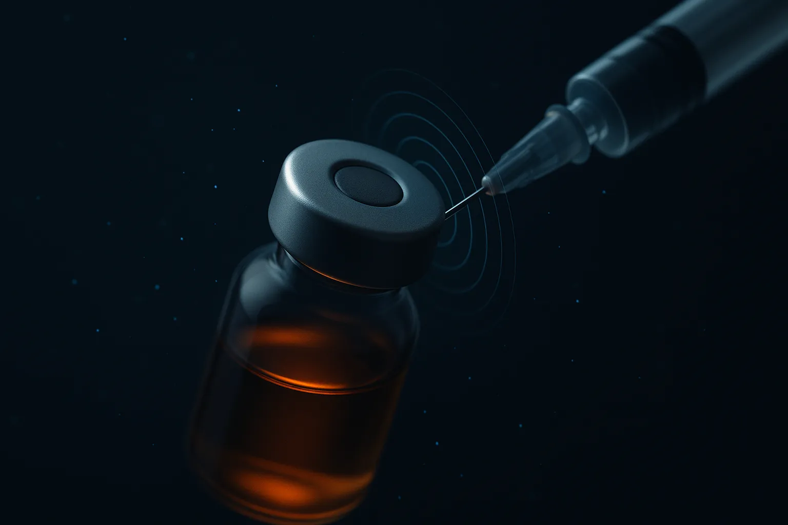 A sealed vial with a sterile needle at the septum, concentric rings of light suggesting an intact sterile barrier