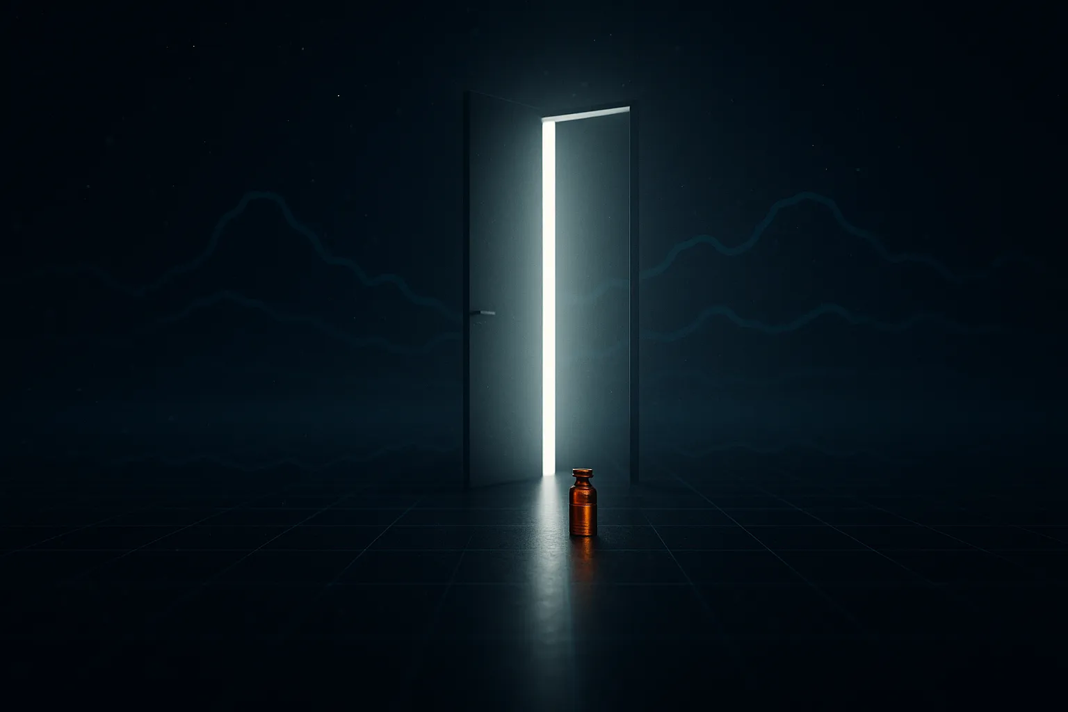 A tall doorway of pale white light standing open on a dark reflective plane, with a single small amber vial resting on the floor just outside the threshold