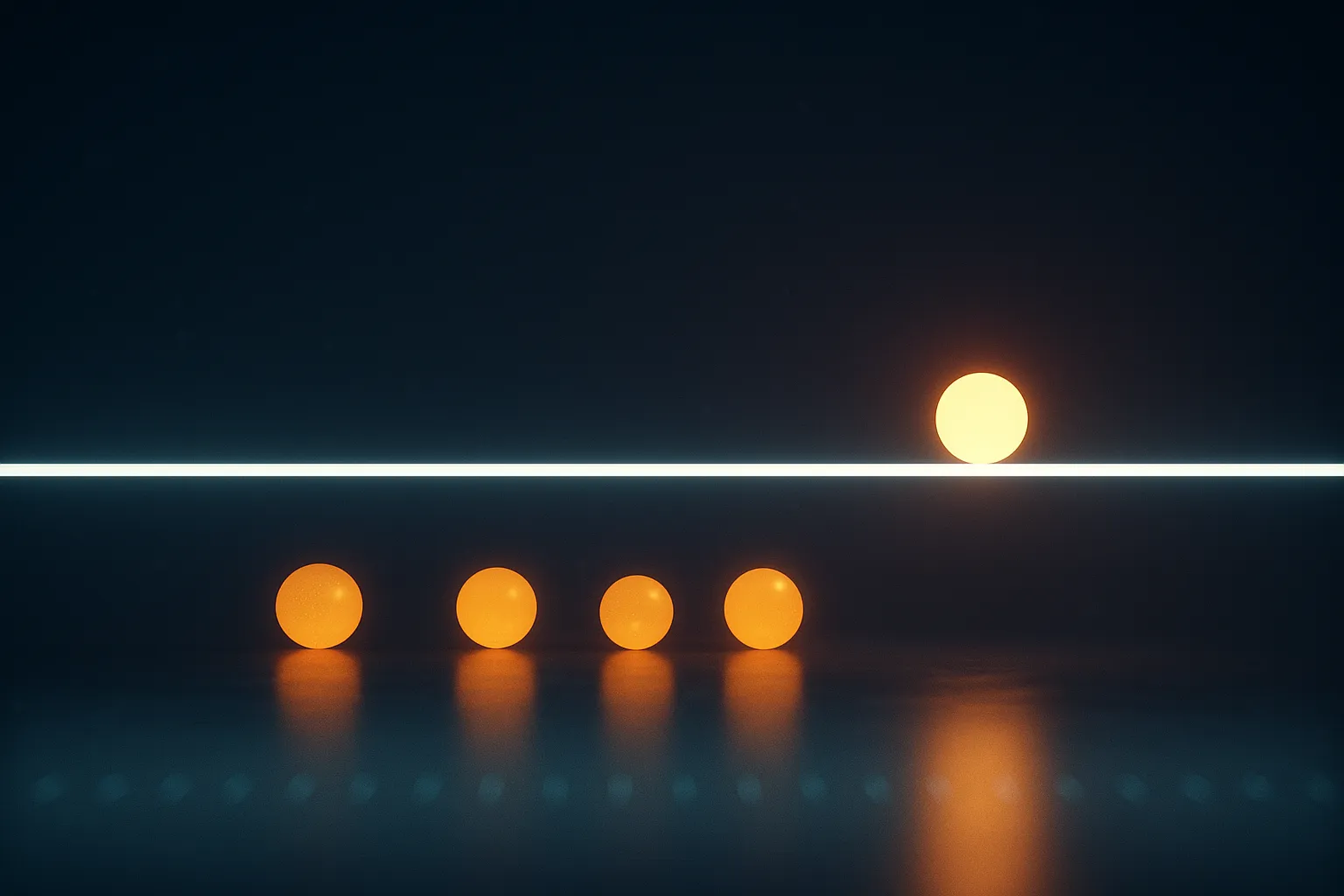 Five amber spheres resting behind a single horizontal bar of white light, with one sphere alone having crossed to the far side