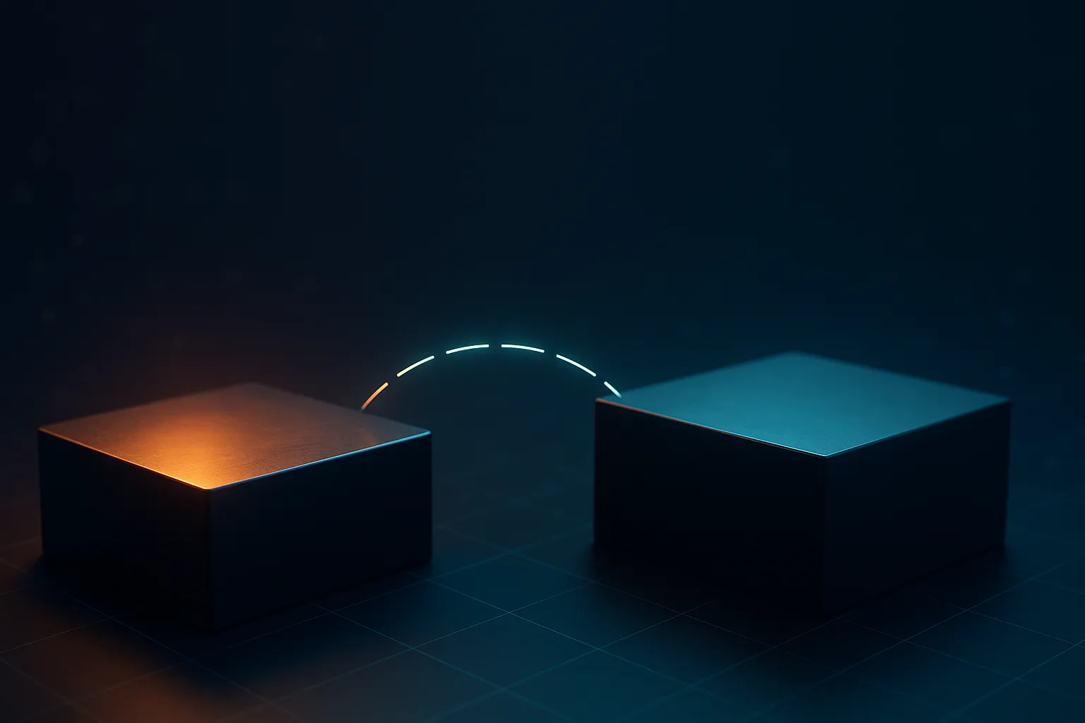 Two dark platforms at different heights connected by a broken line of light with a visible gap in the middle