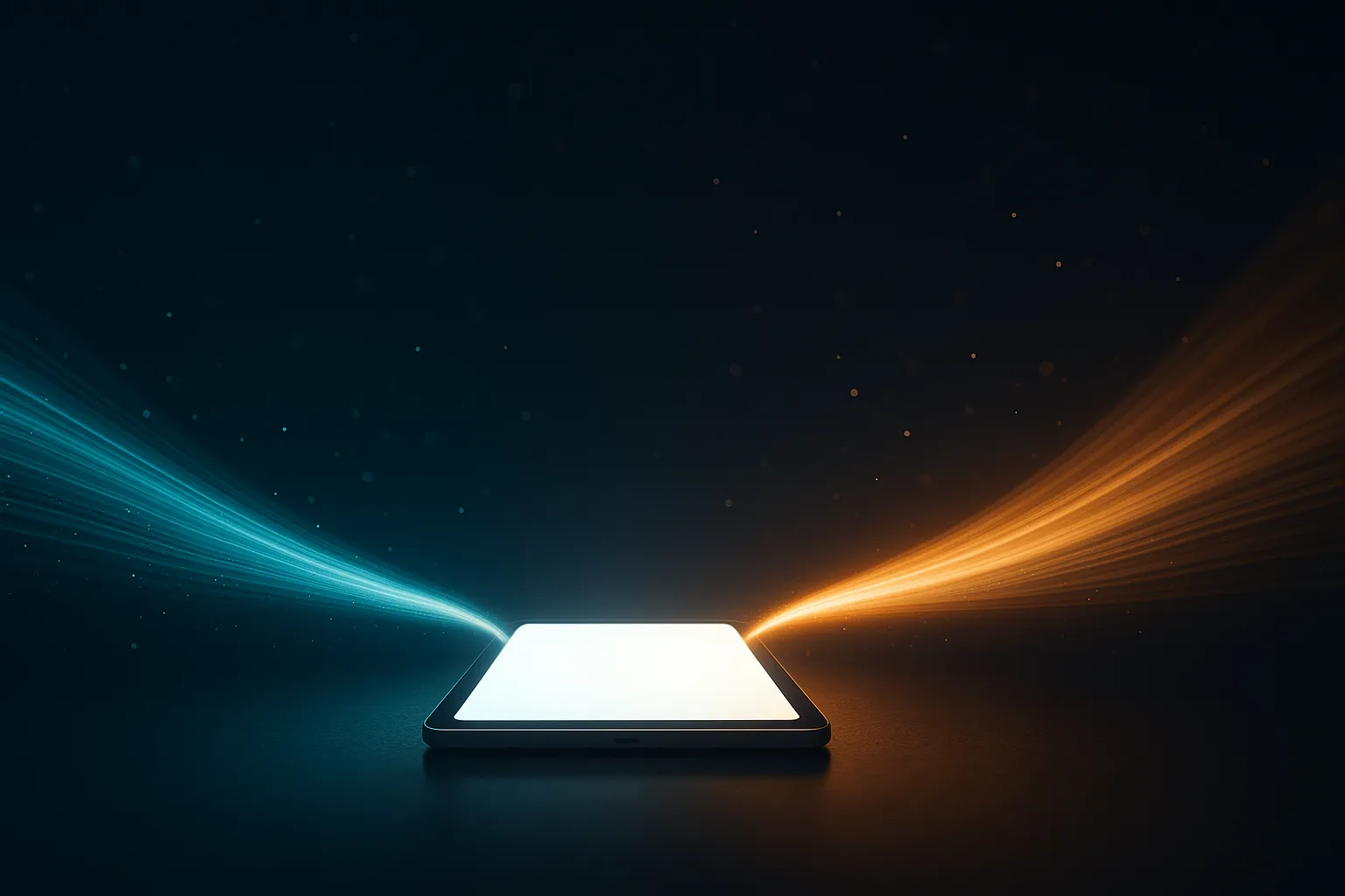 A glowing tablet on a dark surface with teal and amber light streams converging into it from opposite sides