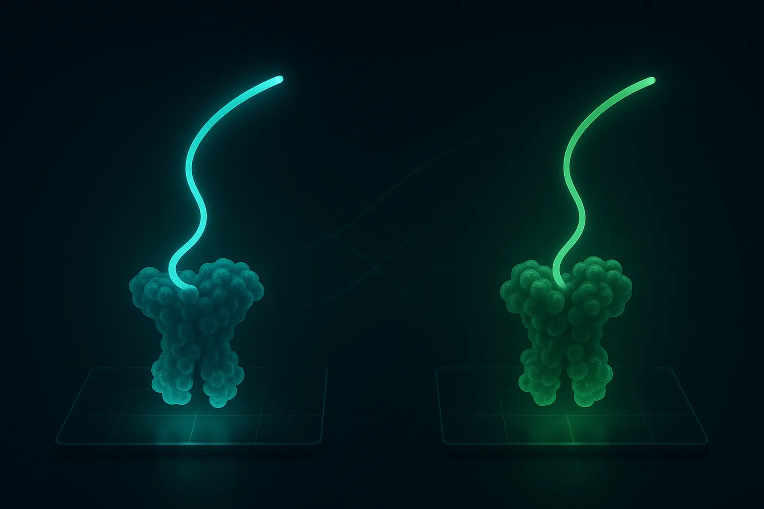 Two glowing receptor structures side by side, each with a luminous ligand docking into it