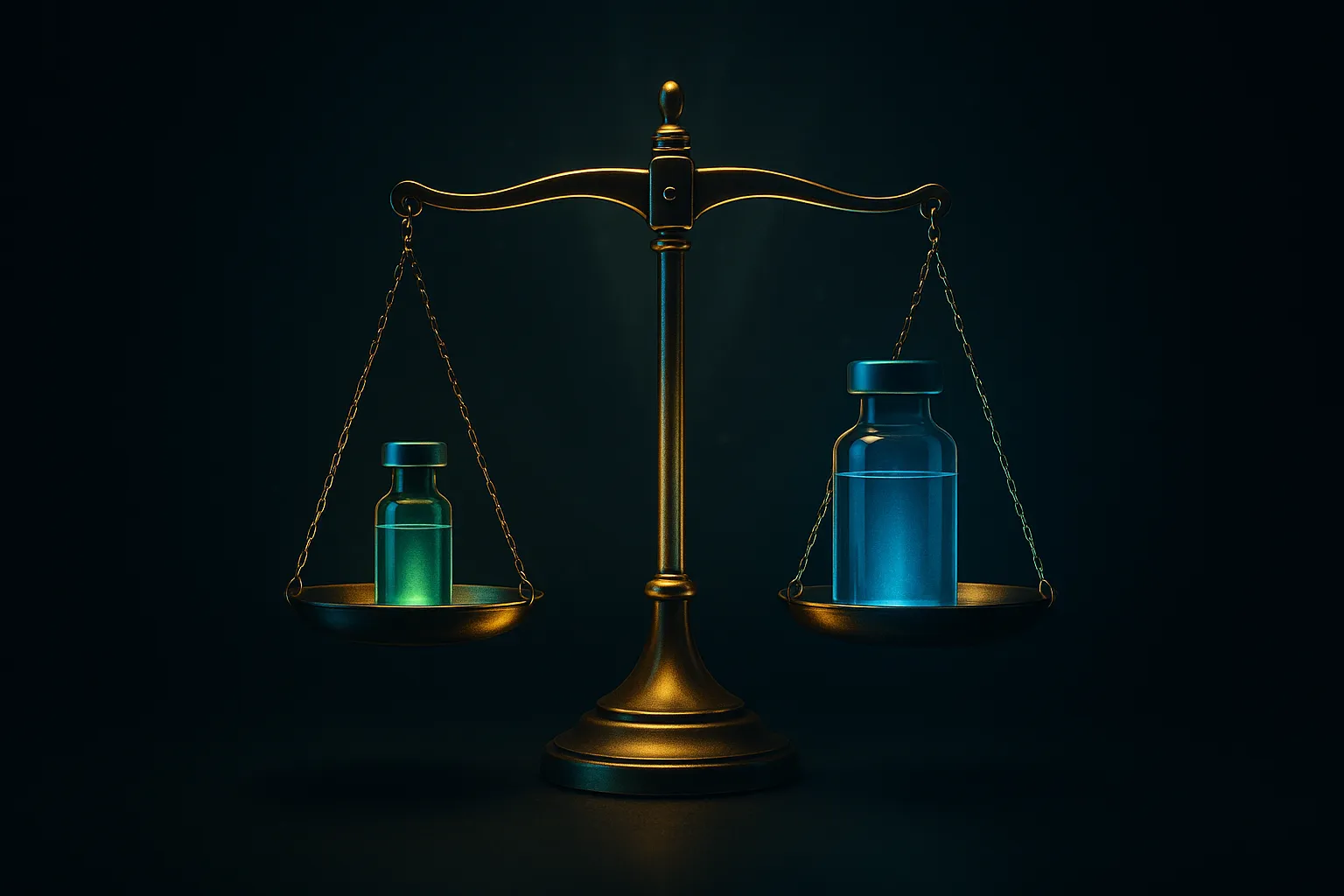 Balance scale weighing two glowing injection vials of unequal size against a dark navy background
