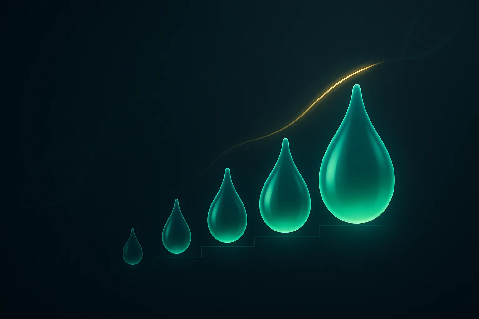 Ascending series of glowing droplets increasing in size, representing dose escalation