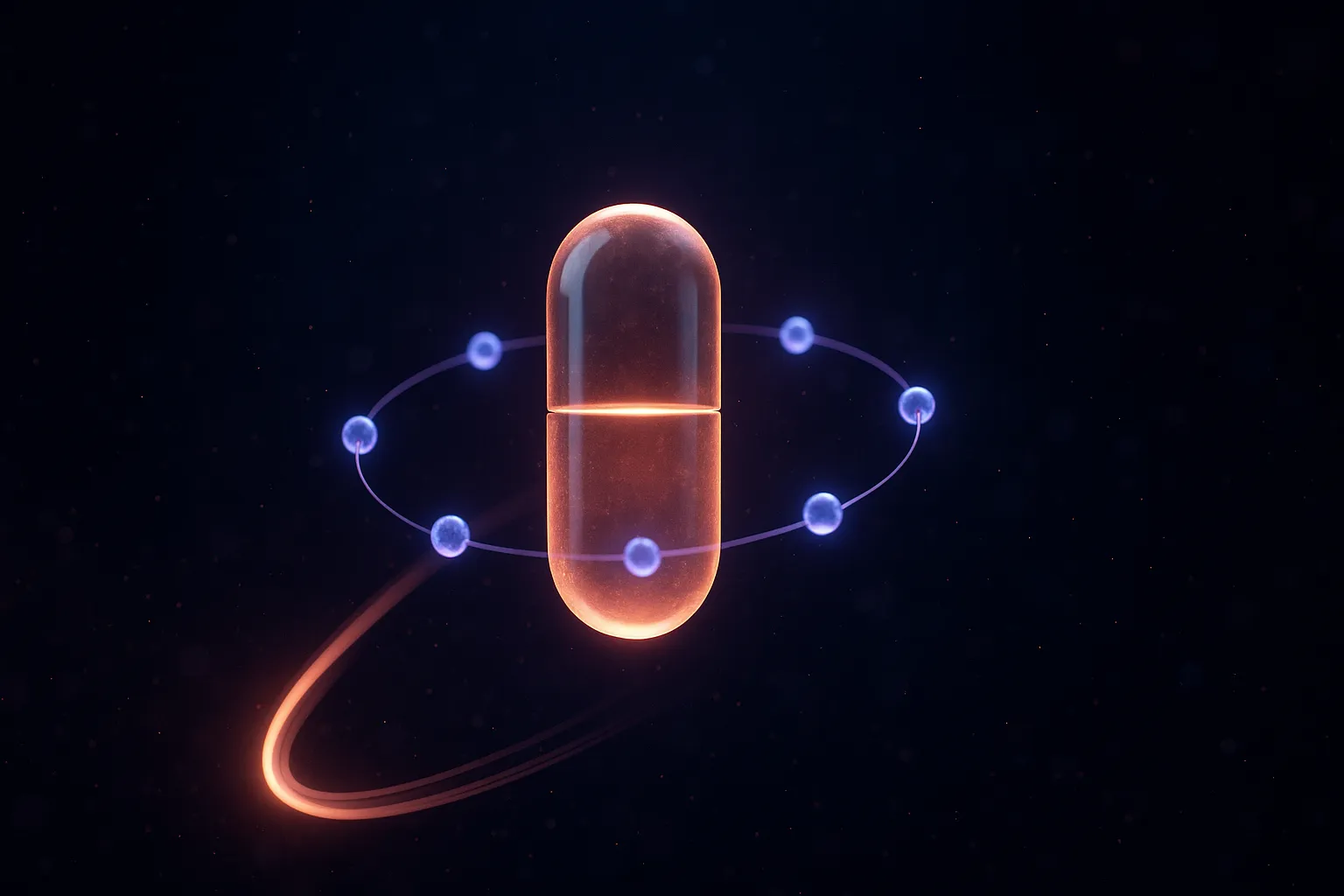 Glowing oral capsule surrounded by amylin receptor nodes representing the first oral small-molecule amylin data