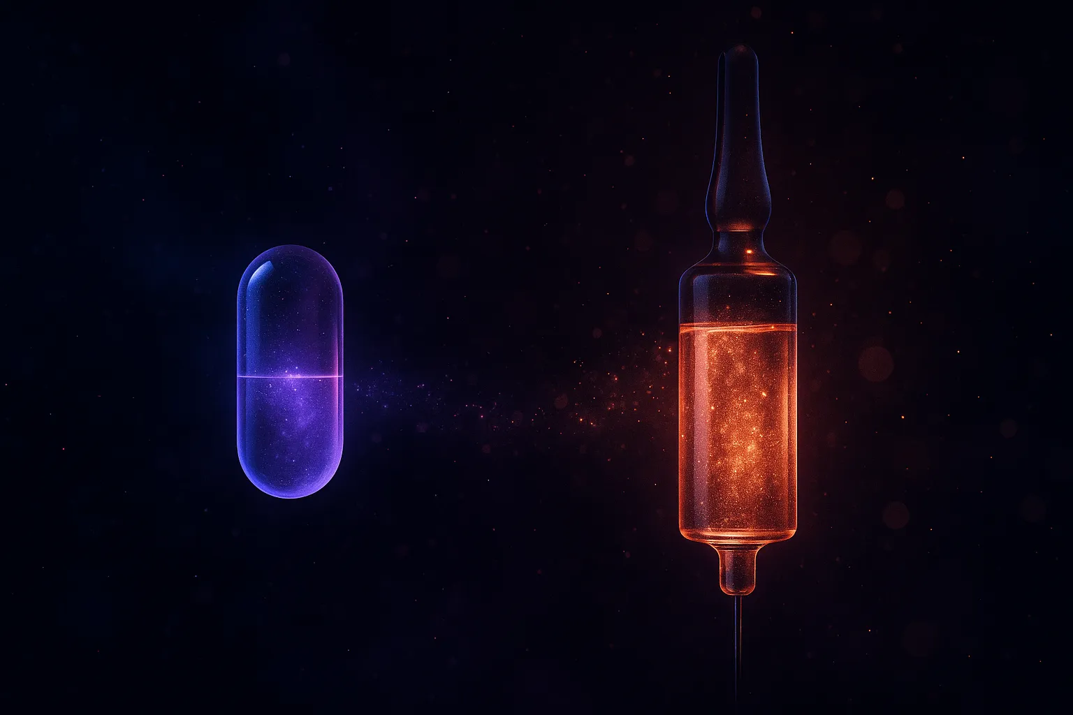 Two luminous forms side by side — an oral capsule and an injectable vial — bridged by particles of light