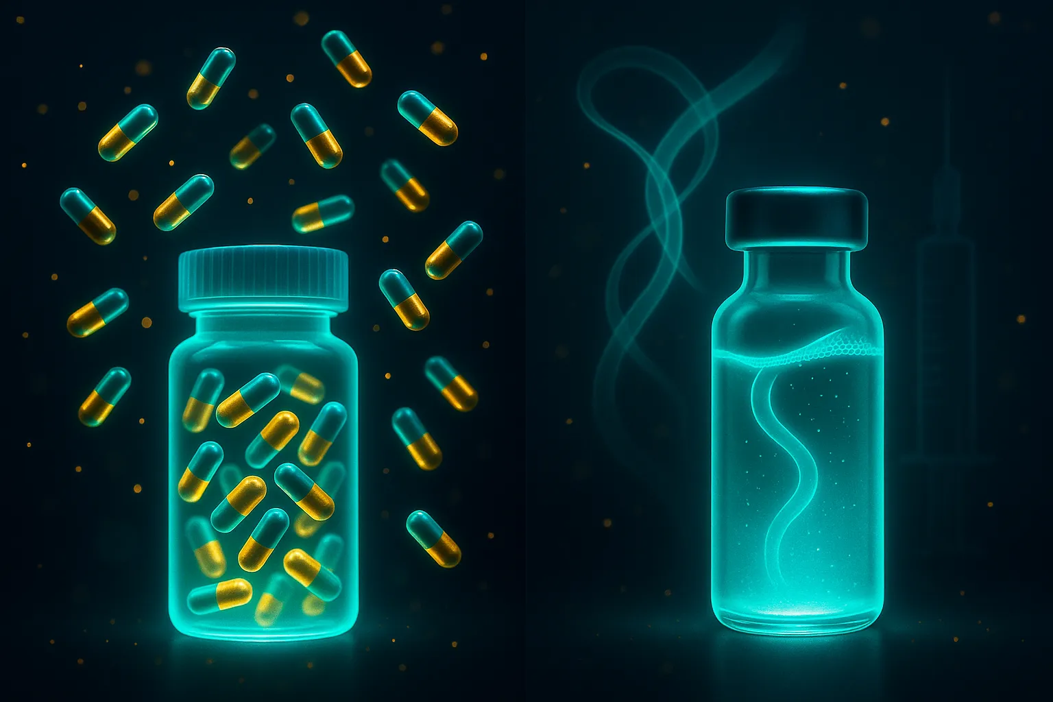 Oral GLP-1 pill versus injectable vial split-frame on dark navy background