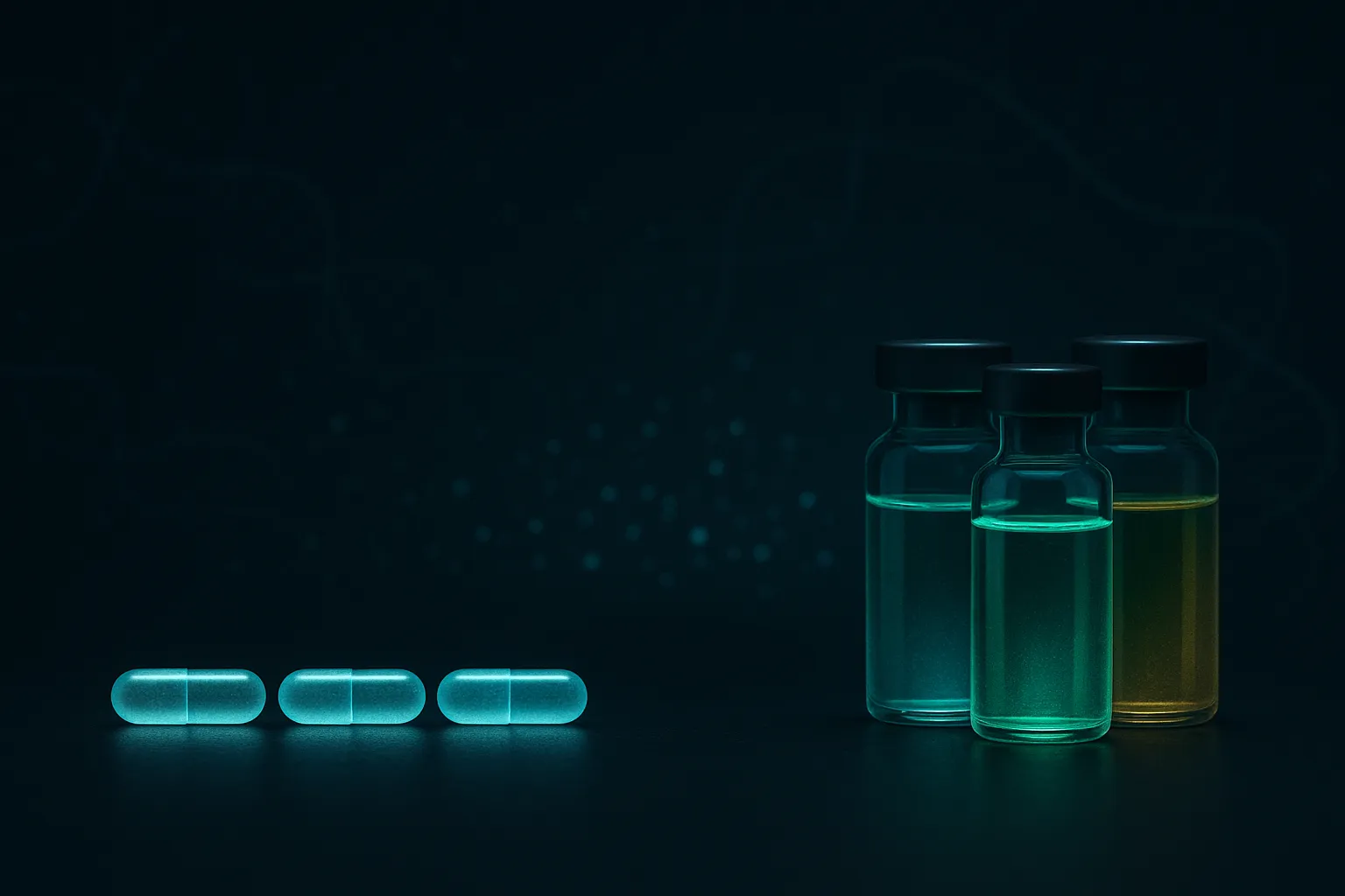 Oral GLP-1 pills lined up against three injectable vials, dark navy laboratory aesthetic