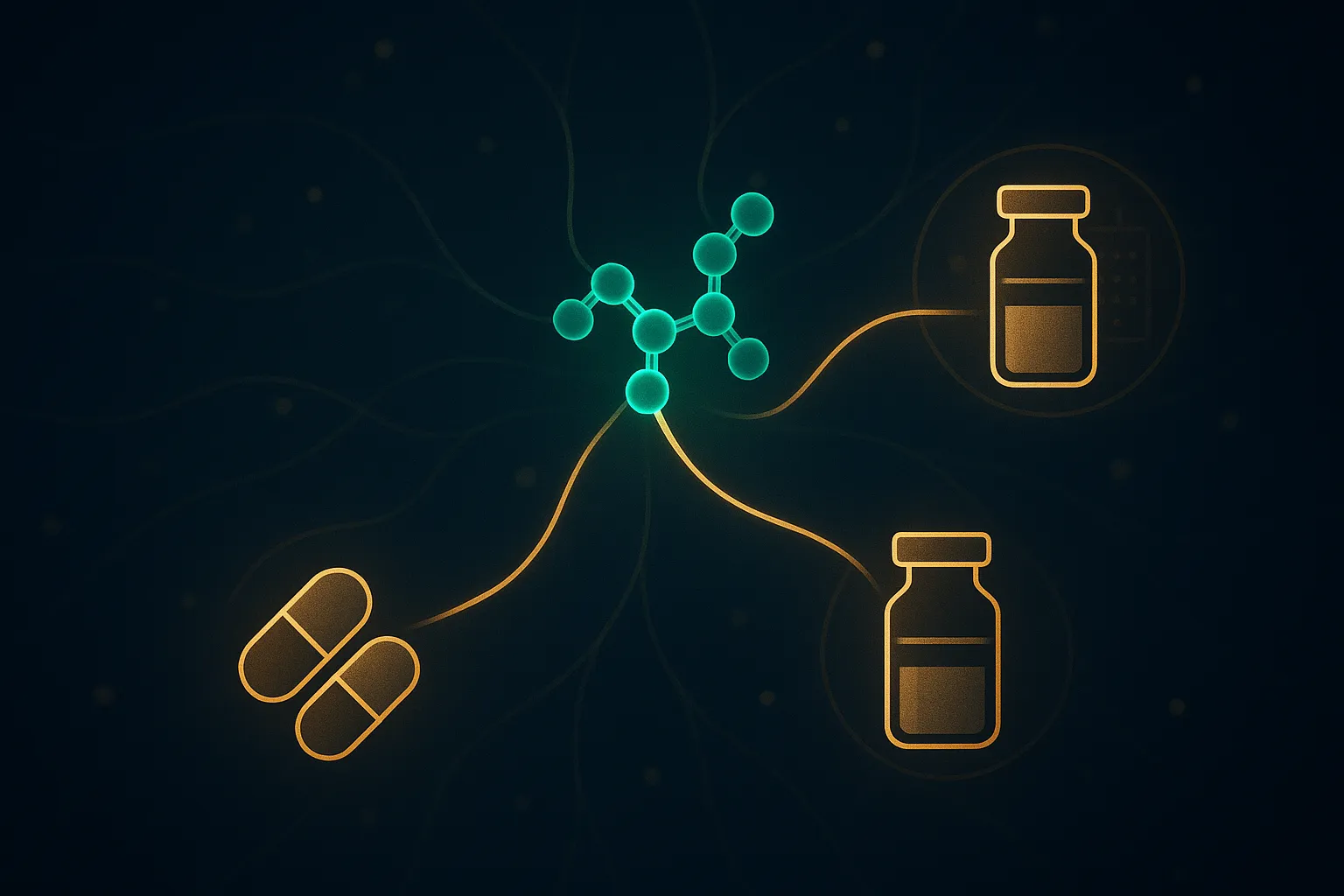 Branching pathway diagram of GLP-1 drug formats — oral pill, weekly injection, monthly injection — radiating from a molecular core