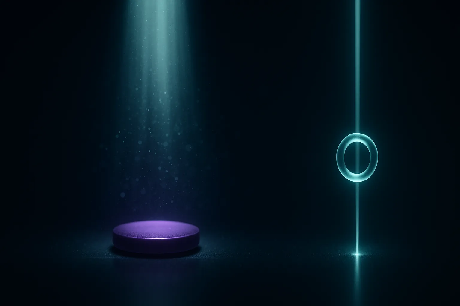 A small violet-purple disc resting on a dark reflective surface with a pale teal column of light scattering above it into drifting motes, while a separate teal beam at the right passes cleanly through a translucent ring