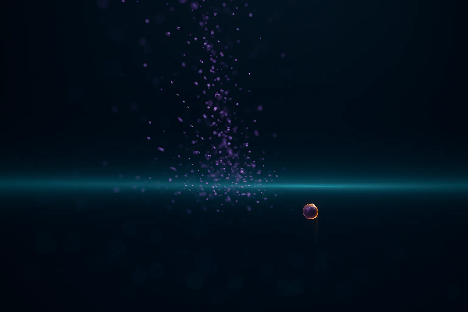 A horizontal semi-translucent teal membrane spanning the frame, with violet-purple particles shattering against it from above and one particle wrapped in an amber-gold shell passing cleanly through