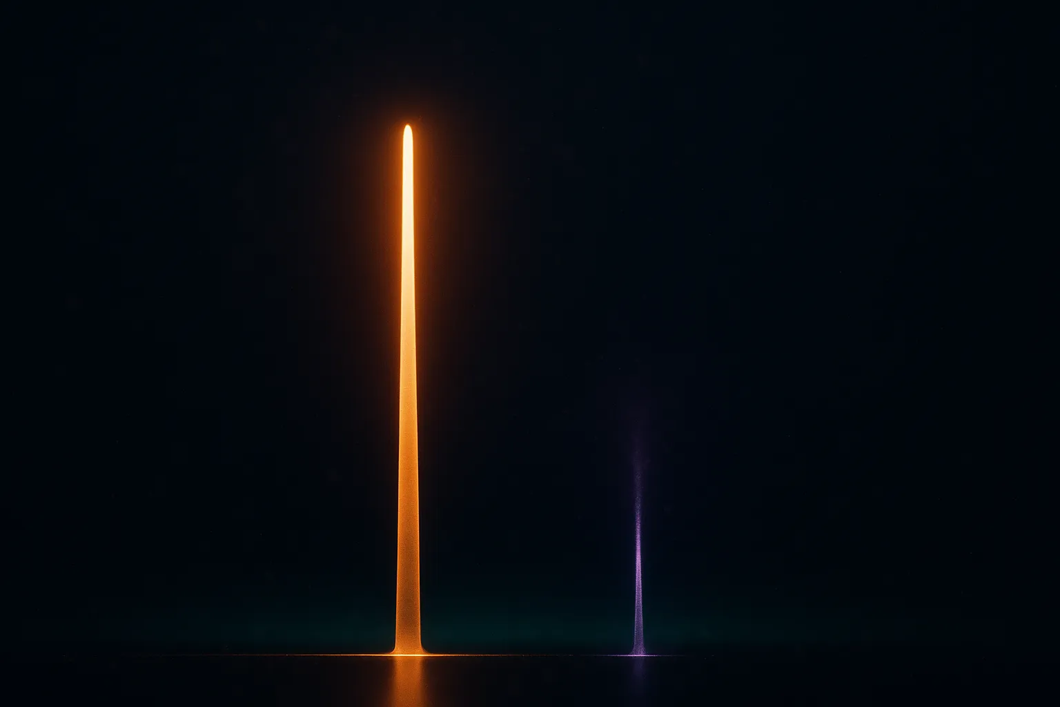 Two vertical columns of light at dramatically unequal heights rising from a dark reflective floor, the tall one amber-gold and solid, the short one violet-purple and dissolving, with a faint emerald band behind them
