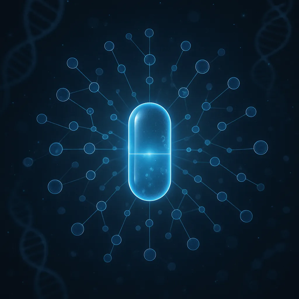 Oral GLP-1 pill on dark background with molecular pathway visualization