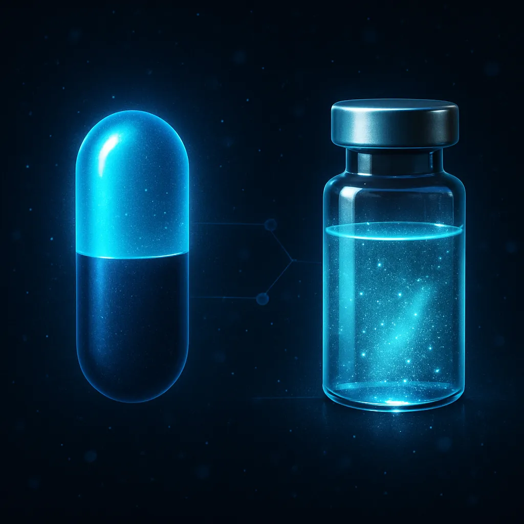 Comparison visualization of oral pill versus injectable peptide vial