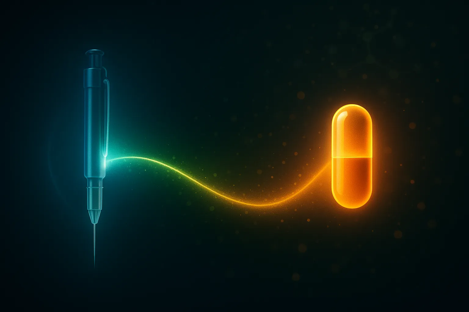 Glowing injector pen transitioning to a brighter oral pill capsule on dark navy background