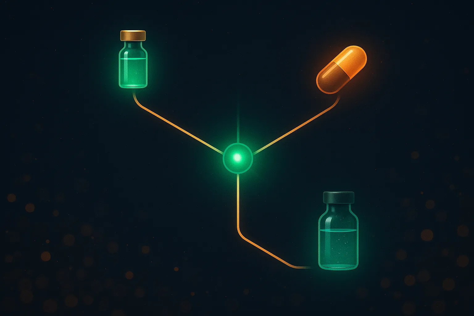 Three-path decision tree showing pill, injection, and compounded options on dark navy background