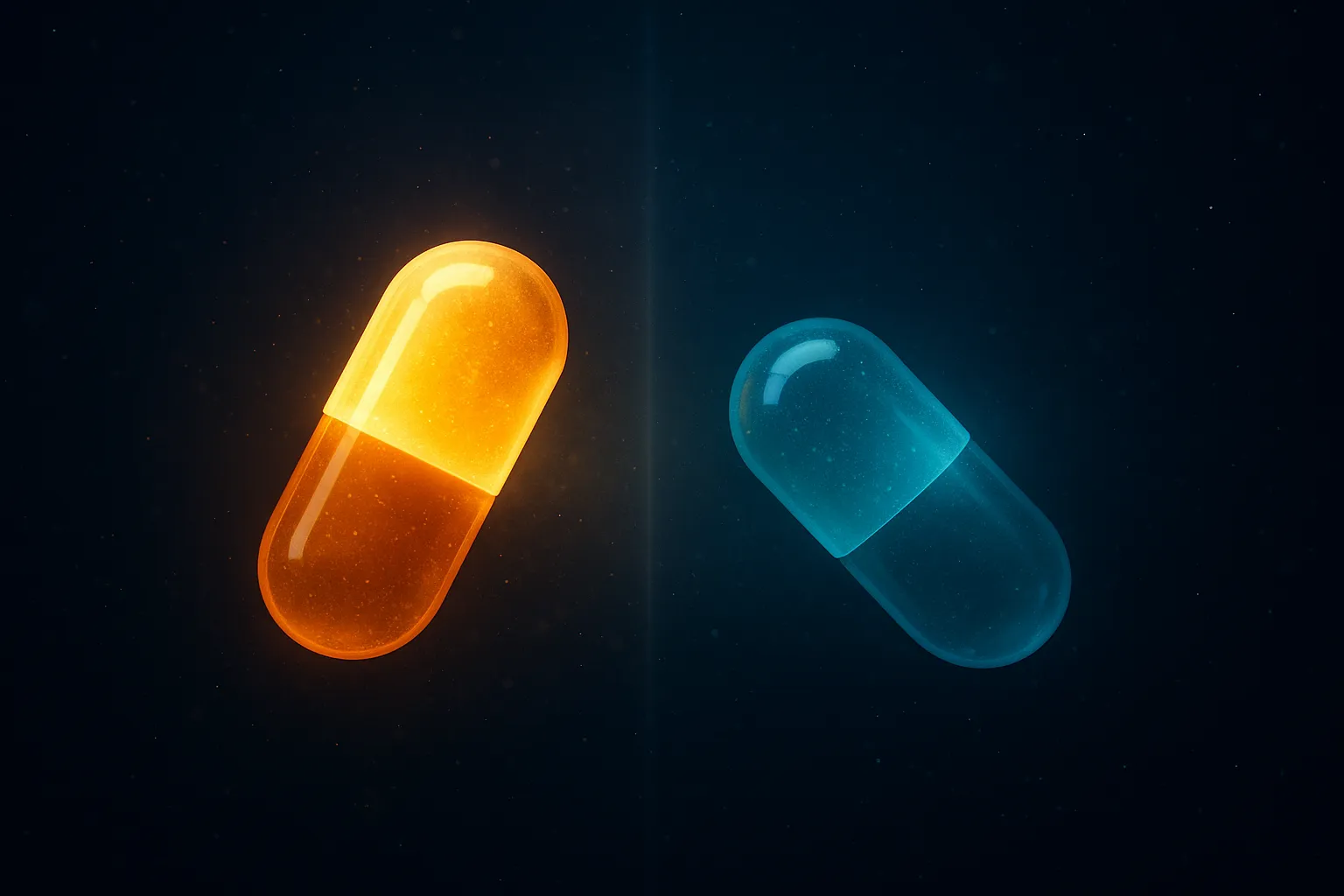 Two glowing GLP-1 pill capsules facing off head-to-head on dark navy background