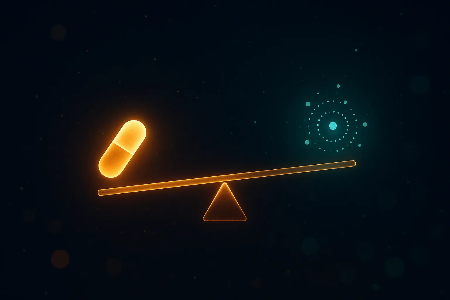 Luminous balance scale weighing a gold capsule against faint warning ripples on dark navy background