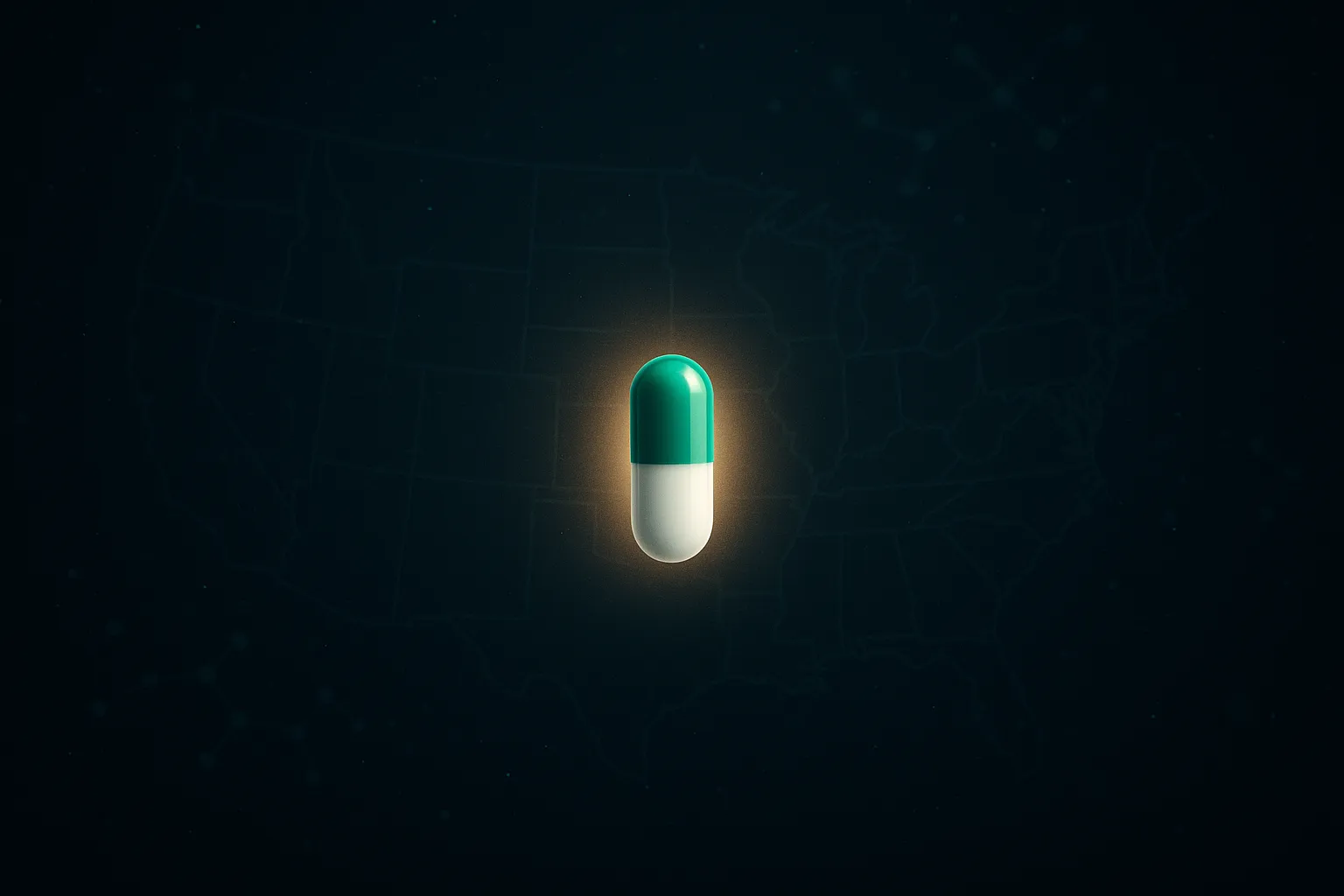 Single oral pill capsule glowing on dark navy background with subtle US topographic map and emerald molecular structure
