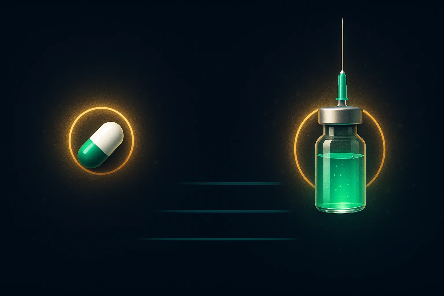 Side-by-side comparison of an oral pill capsule and a compounded peptide injection vial, both glowing on dark navy