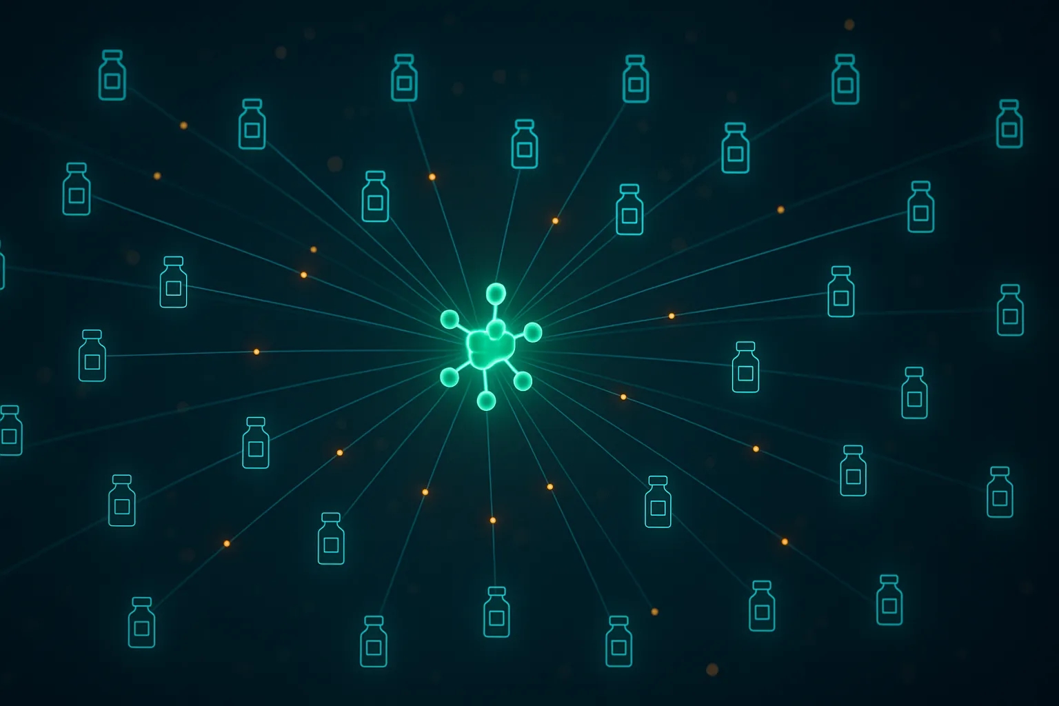 Distribution-network visualization with central peptide molecule branching to pharmacy points across dark navy background
