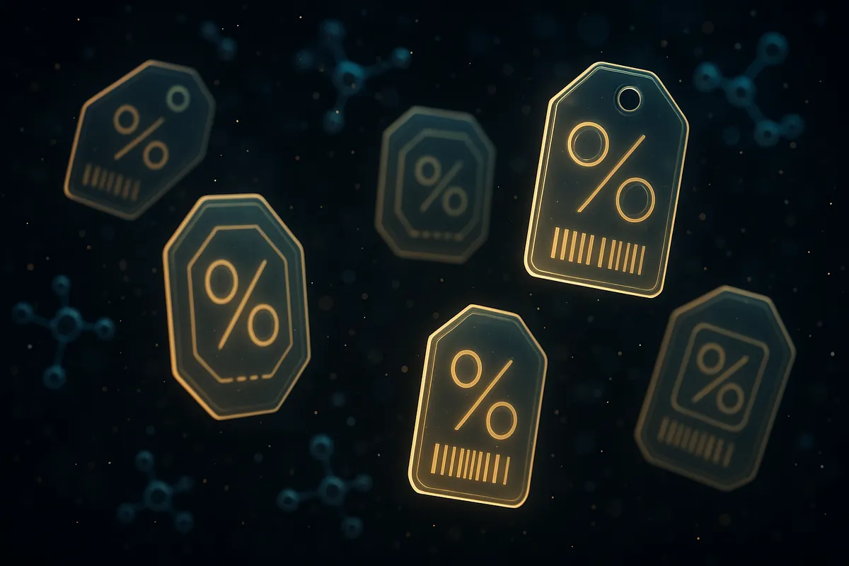 Glowing coupon codes and discount tags on dark background