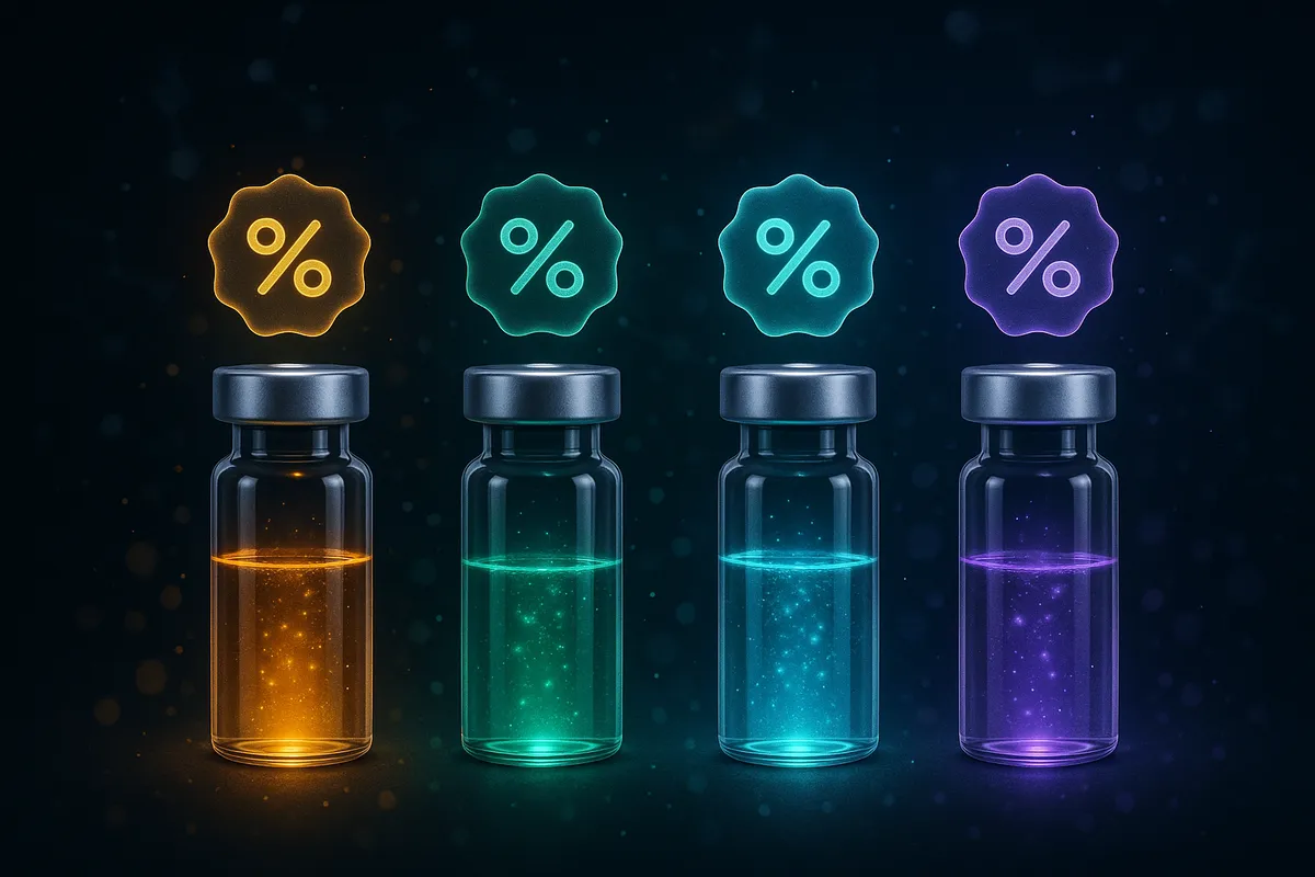 Vendor vials with percentage discount badges