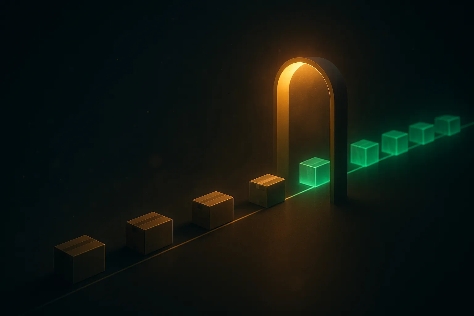 Plain parcels moving along a glowing line toward an amber-lit arch, emerging on the far side as green glowing blocks