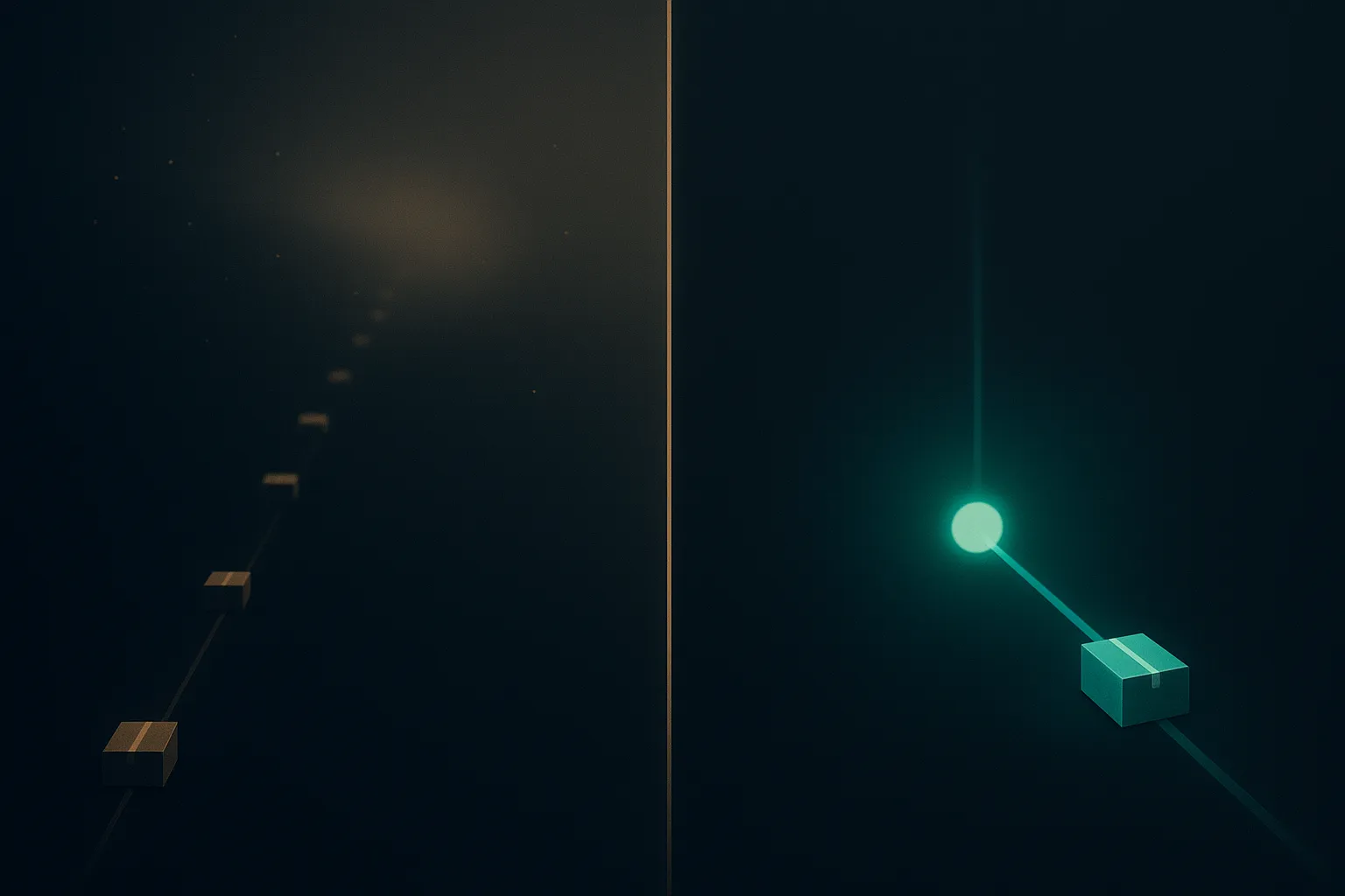 A long dim gold path receding into haze on the left, a short bright emerald path with a single parcel arriving on the right