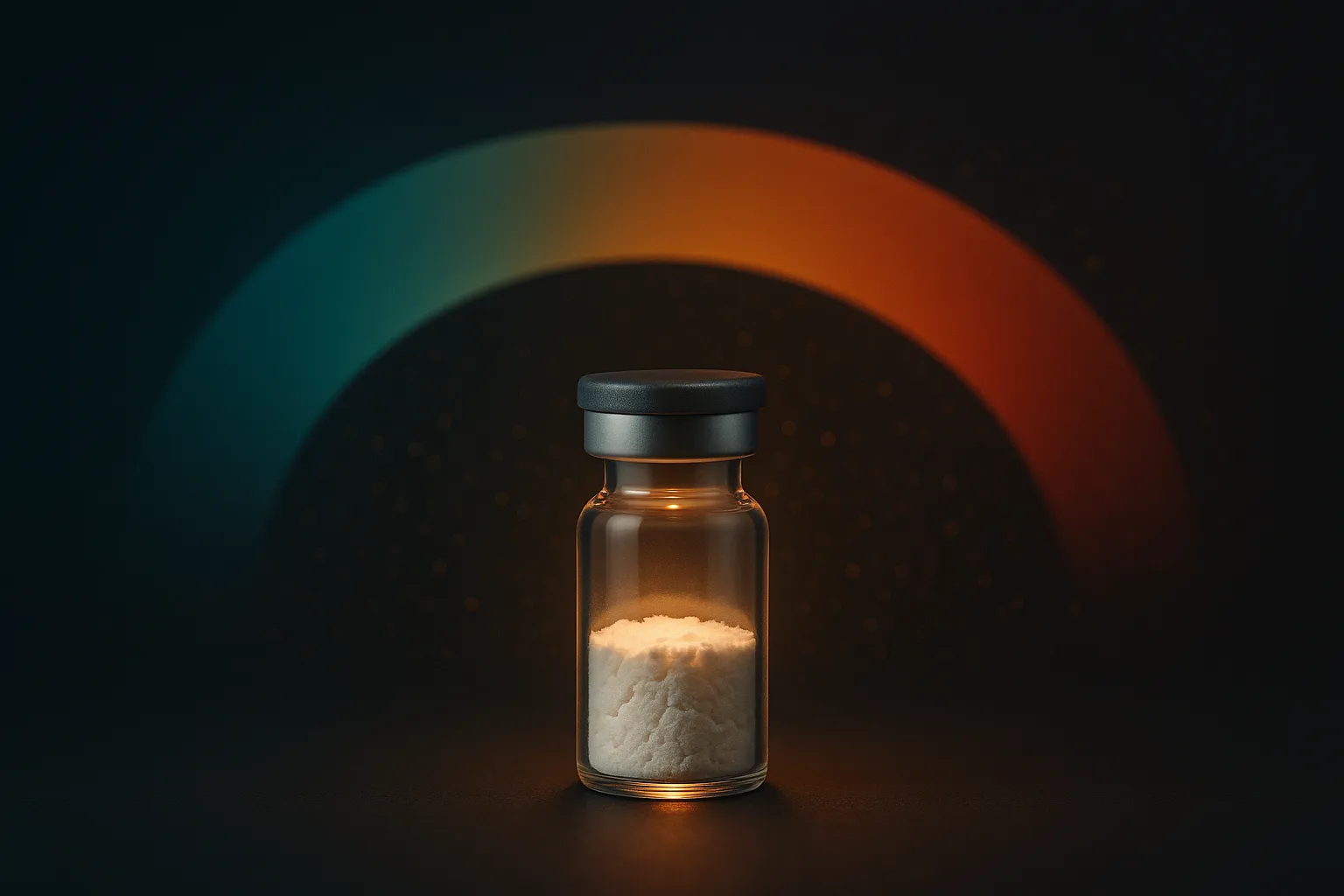 A sealed vial of white lyophilized powder glowing calmly at the center of a wide teal-to-amber-to-red temperature gradient arc