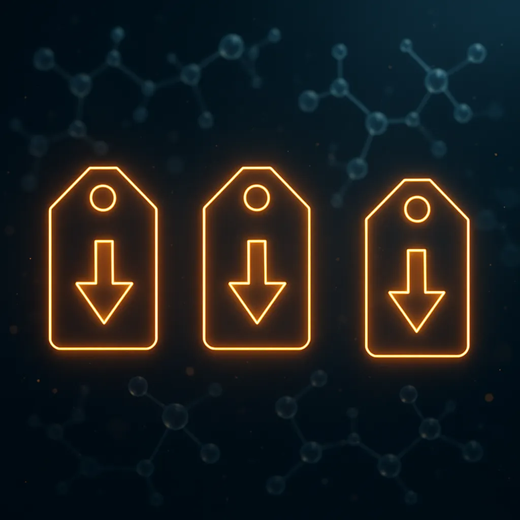 Amber price tags with downward arrows representing real vendor discounts