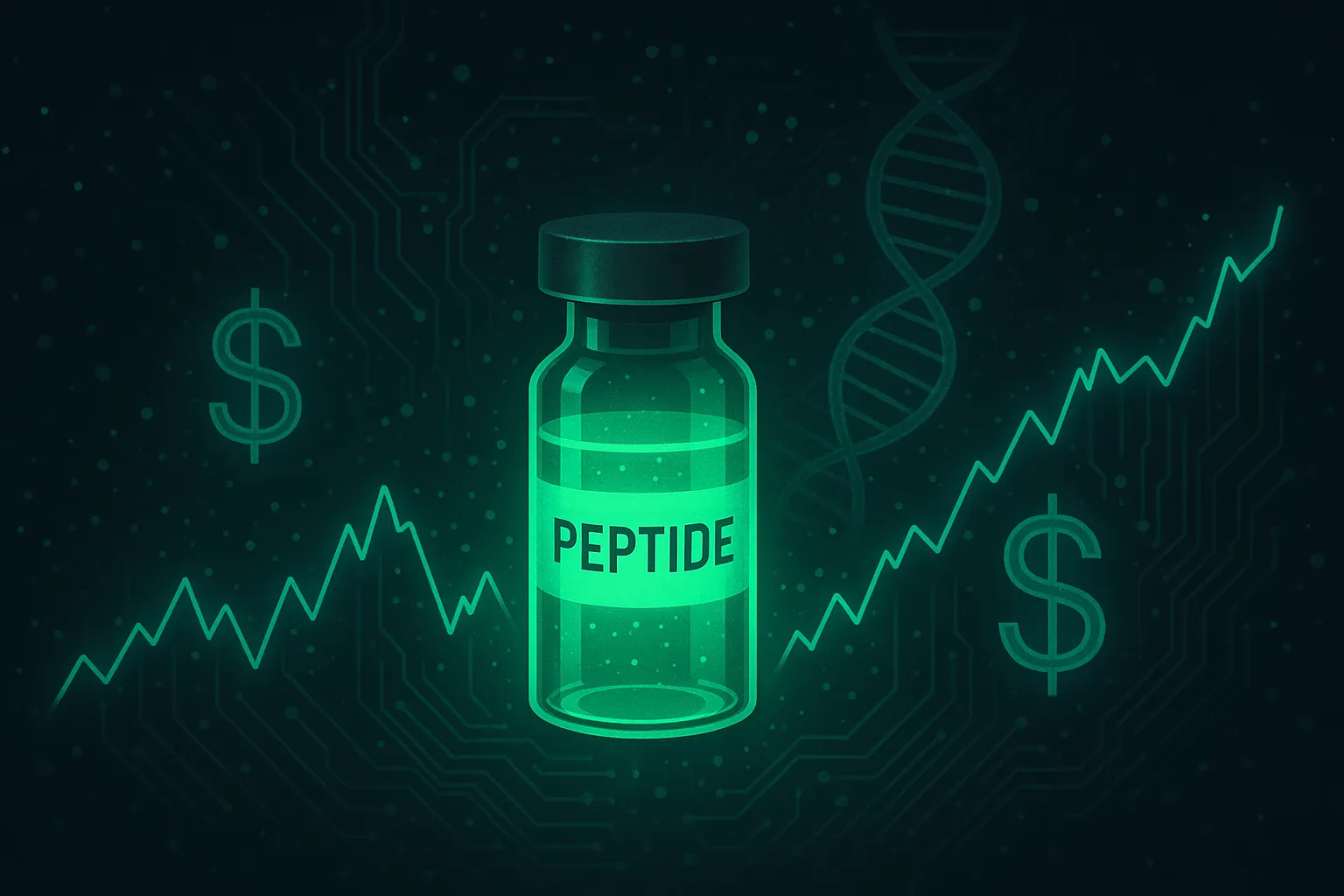 Peptide vials surrounded by holographic venture capital and stock chart overlays on a dark background