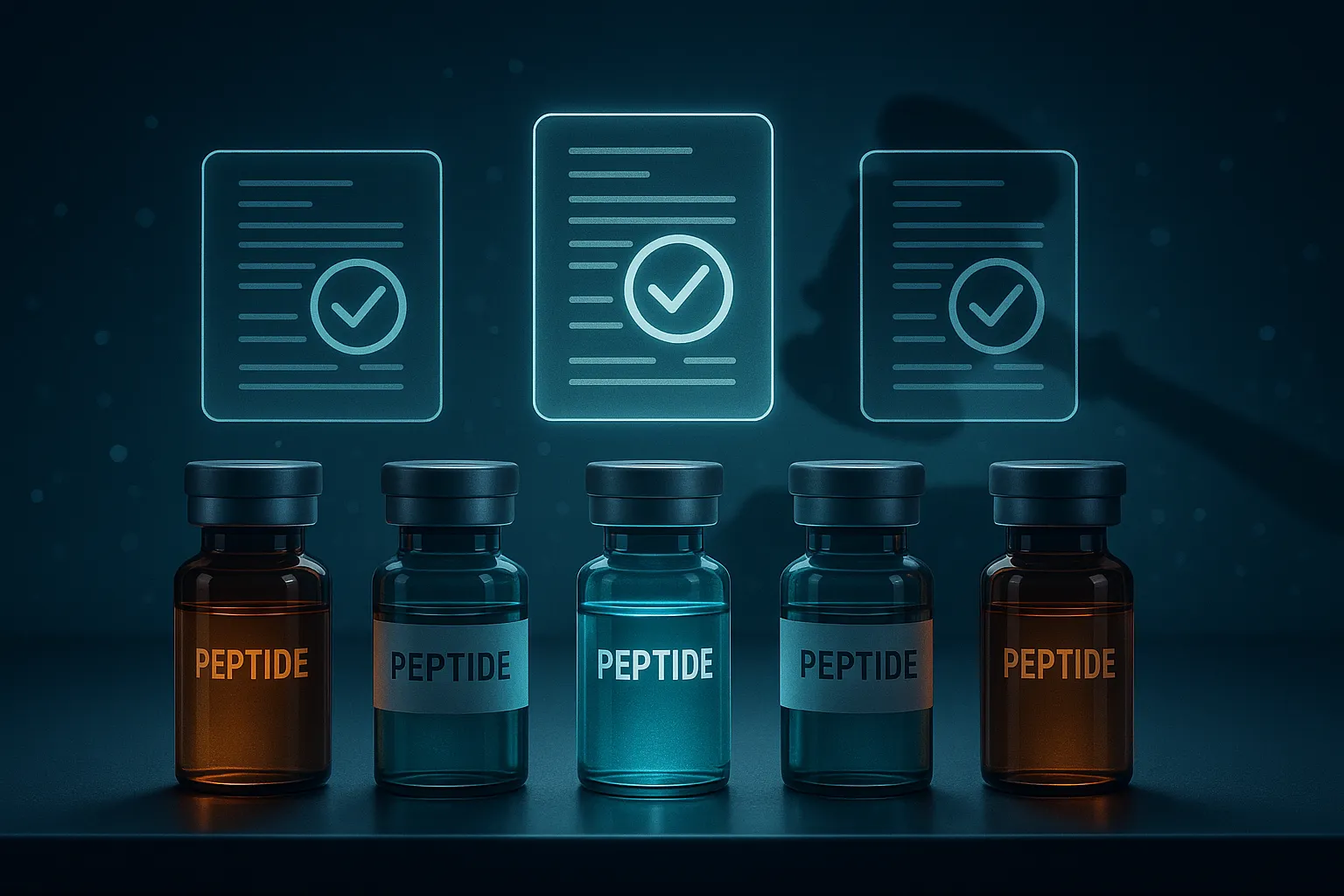 Peptide vials on a laboratory counter with holographic FDA approval overlays