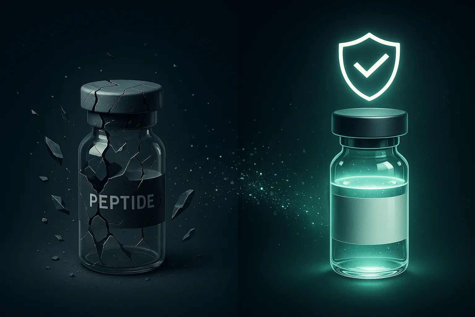 Split concept showing gray-market peptide vial transitioning to pharmacy-grade certified vial