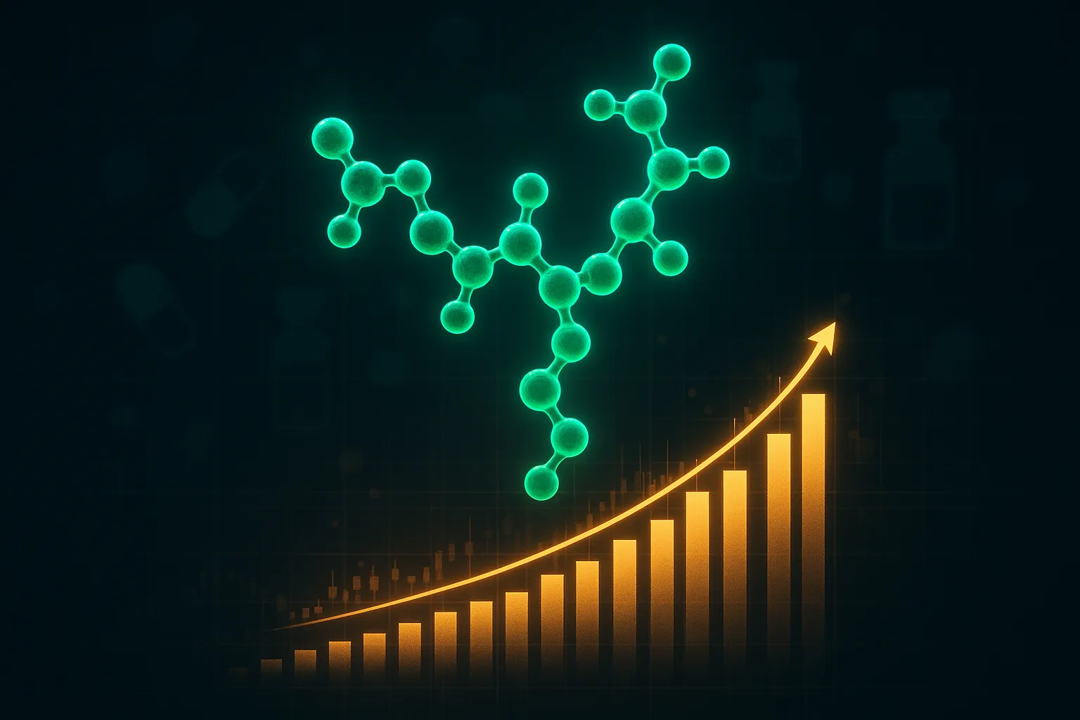 Peptide molecule rising above a market chart representing the telehealth peptide market after the FDA compounding vote