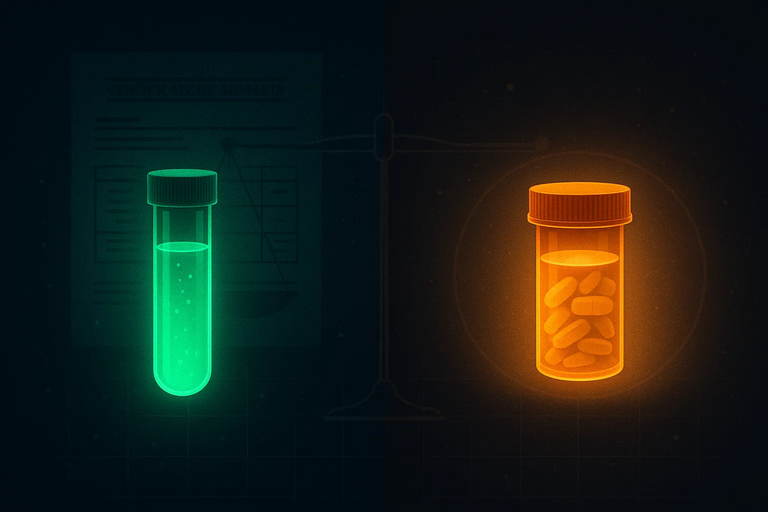 Research-use vial and clinical prescription vial representing two parallel supply channels