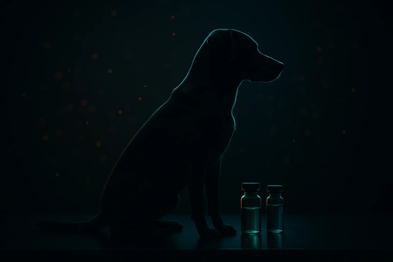 Silhouette of a dog beside glowing research peptide vials on a dark navy laboratory background