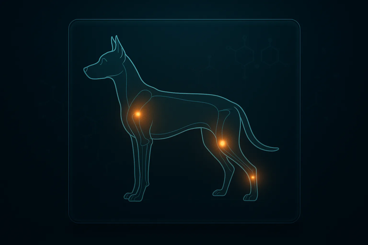 Abstract rendering of a dog skeleton outline with highlighted joint points in teal light on dark glass