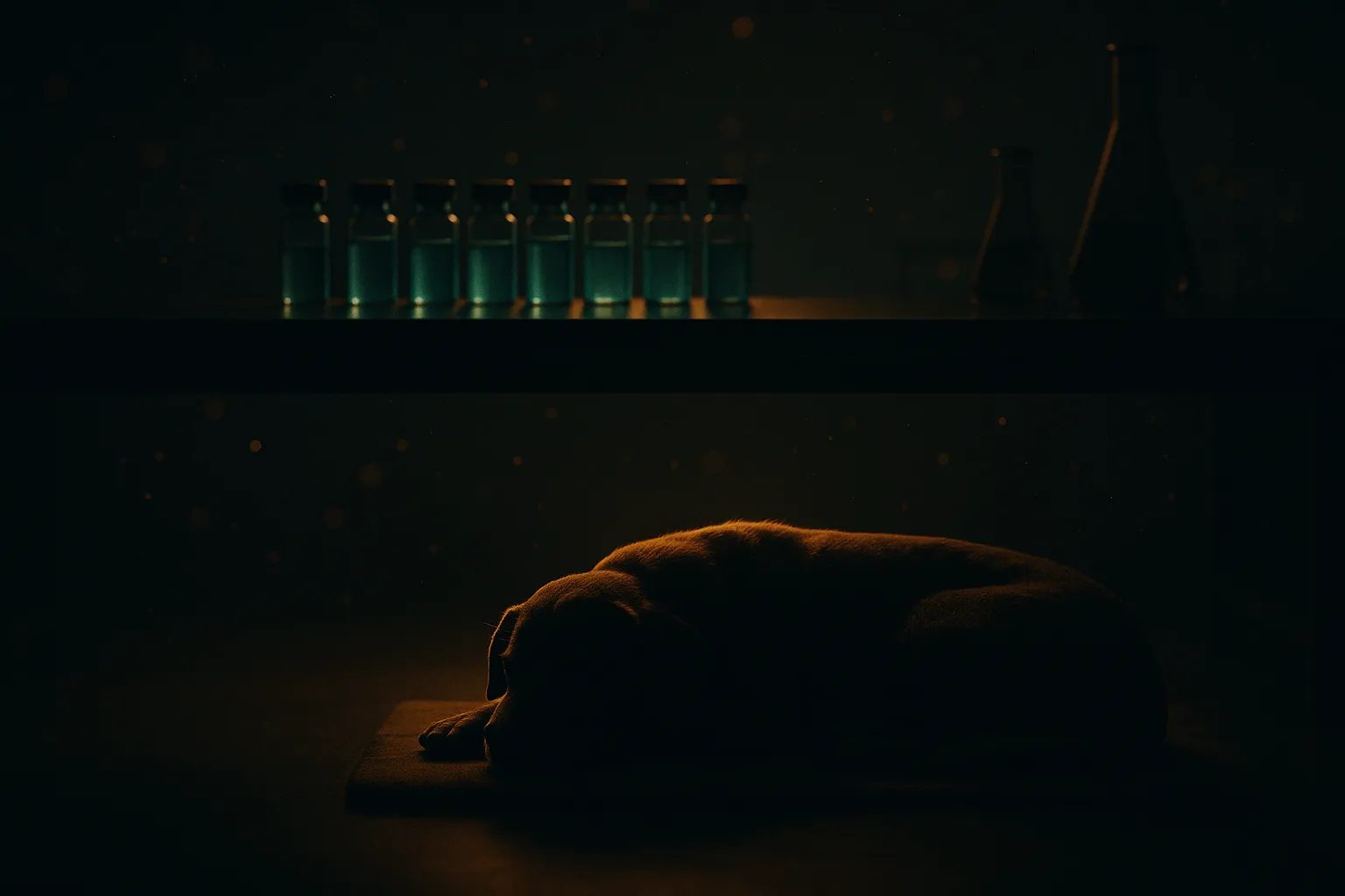 Warm-lit scene of a dog resting beside a laboratory bench with softly glowing vials in the background