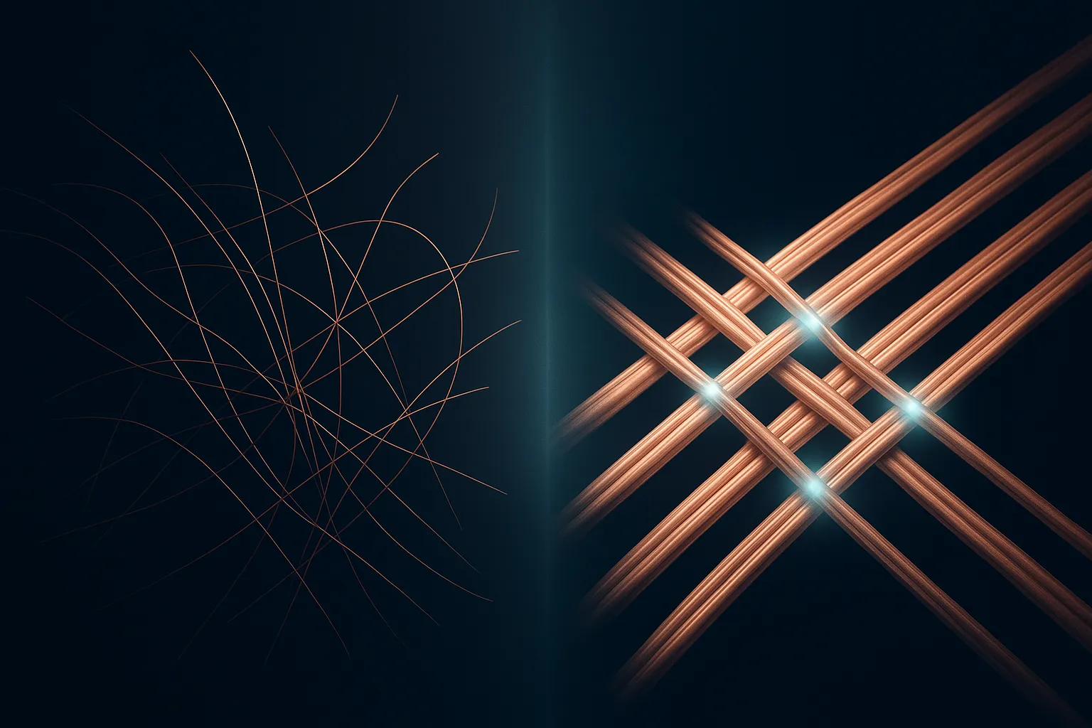 Abstract visualization of disorganized collagen fibers reorganizing into cross-linked aligned structure