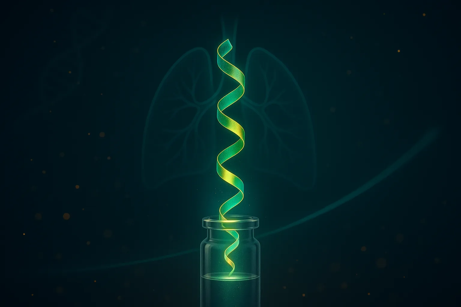 Peptide vial and faint lung silhouette representing Long COVID peptide research
