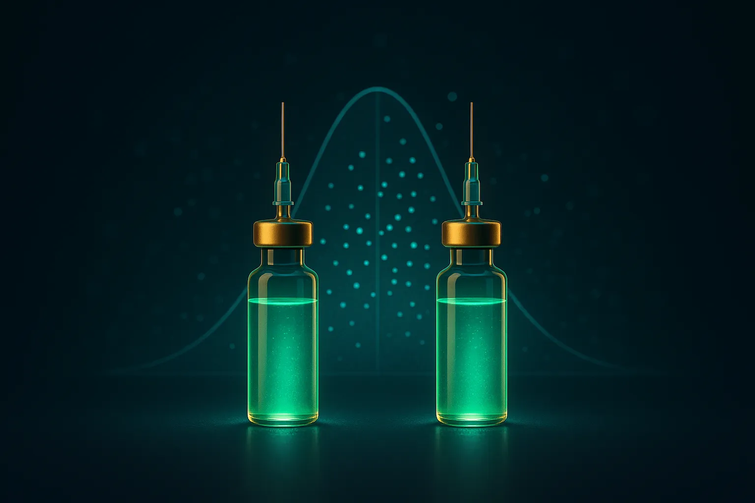 Two clinical-trial vials with a faint results curve, representing parallel GLP-1 trials