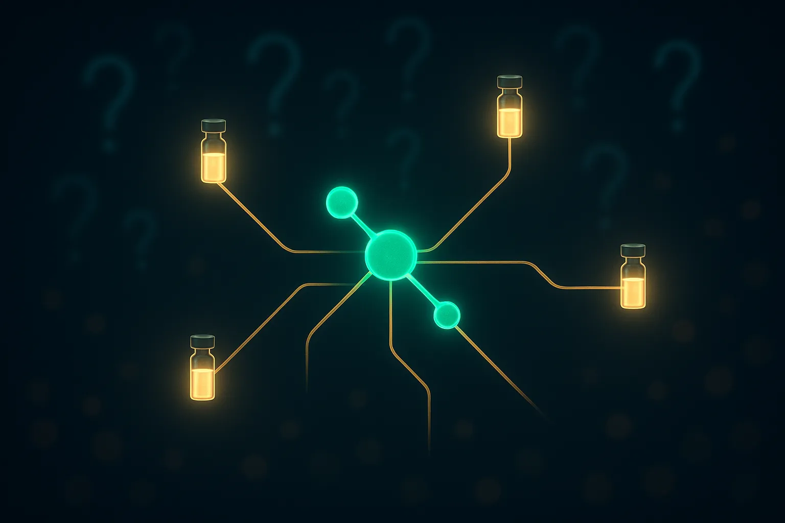 Branching sourcing routes with faint question-mark light traces, representing open scientific questions
