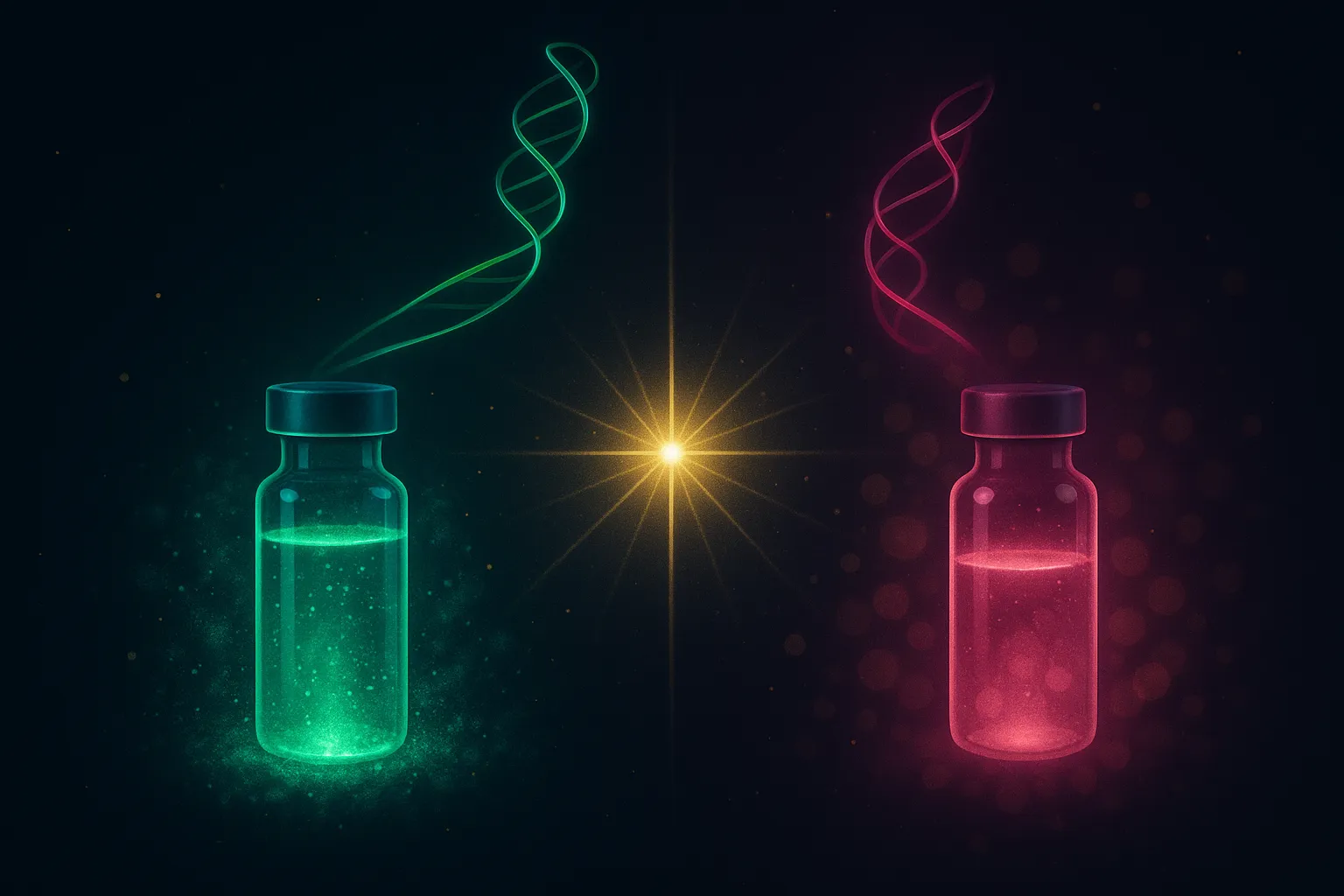 Emerald GLP-1 vial beside a calmer magenta amylin vial showing two pathways