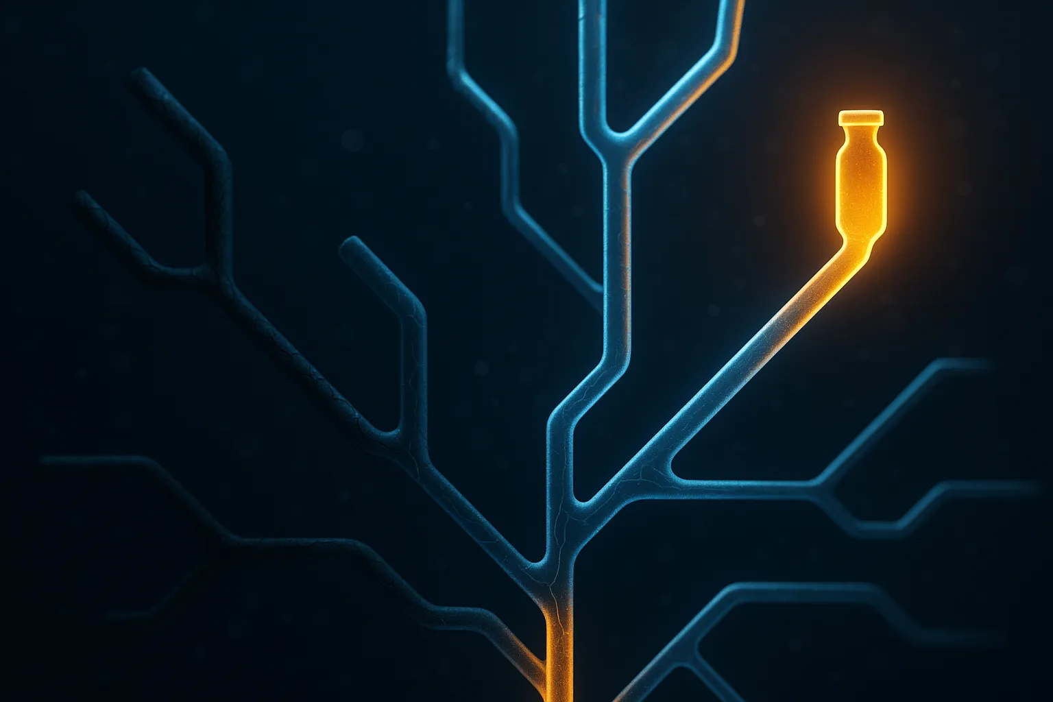 Branching molecular pipeline with two darkened branches beside glowing amber ones on a dark navy background