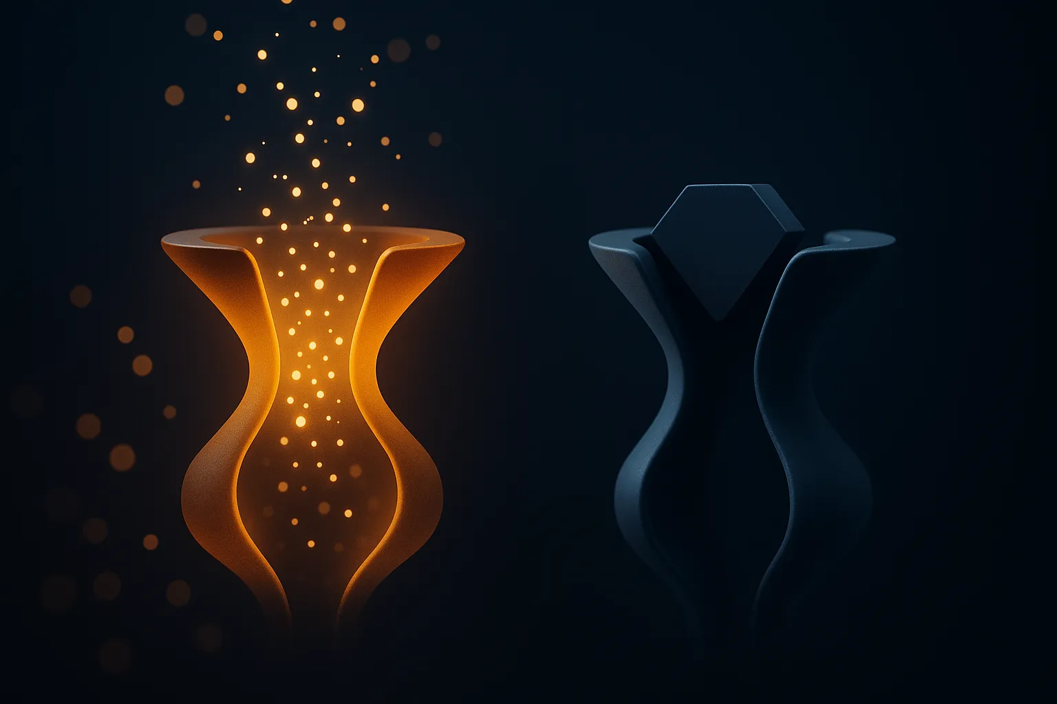 Two abstract receptors, one glowing and open, one sealed and dim, facing each other across a dark divide