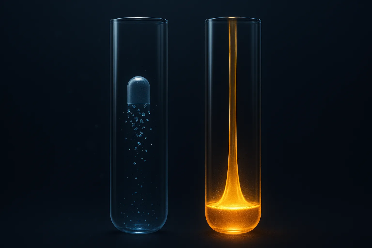 Two glass columns, one with a dissolving capsule breaking apart, one with an intact amber stream
